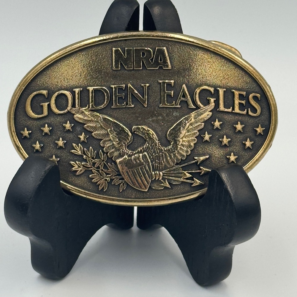 NRA Golden Eagles Belt Buckle Brass Tone Oval‎ Eagle Shield Made in USA Vintage